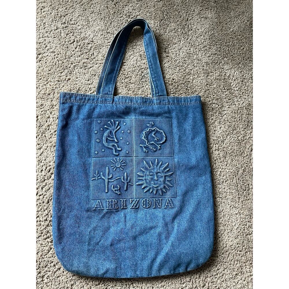 Vtg Arizona Denim Tote Bag Embossed Southwest Celestial Sun Kokopelli Lizard USA